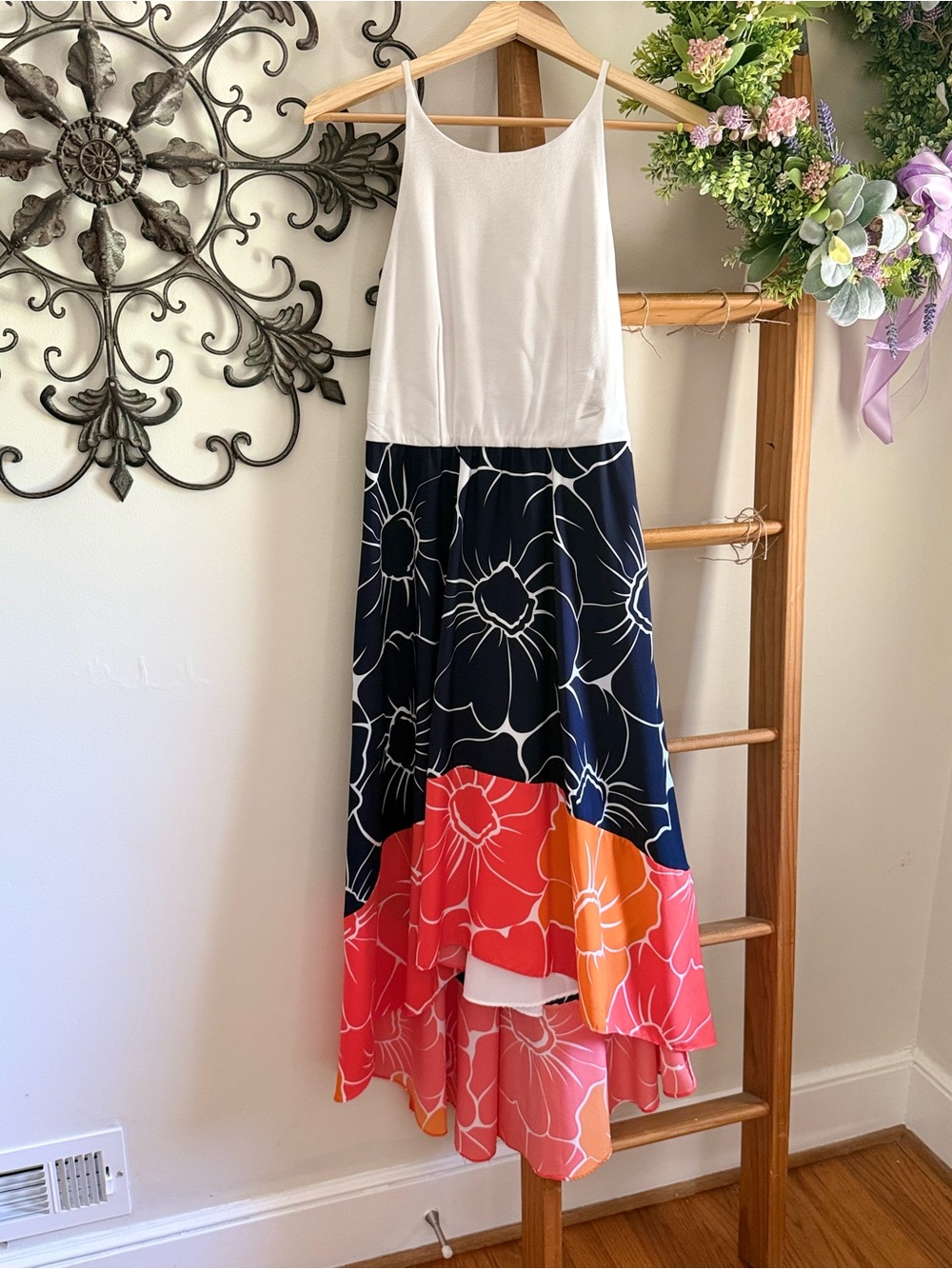 Hutch White Bodice Navy Floral High-Low Maxi Skirt with Coral & Orange Hem